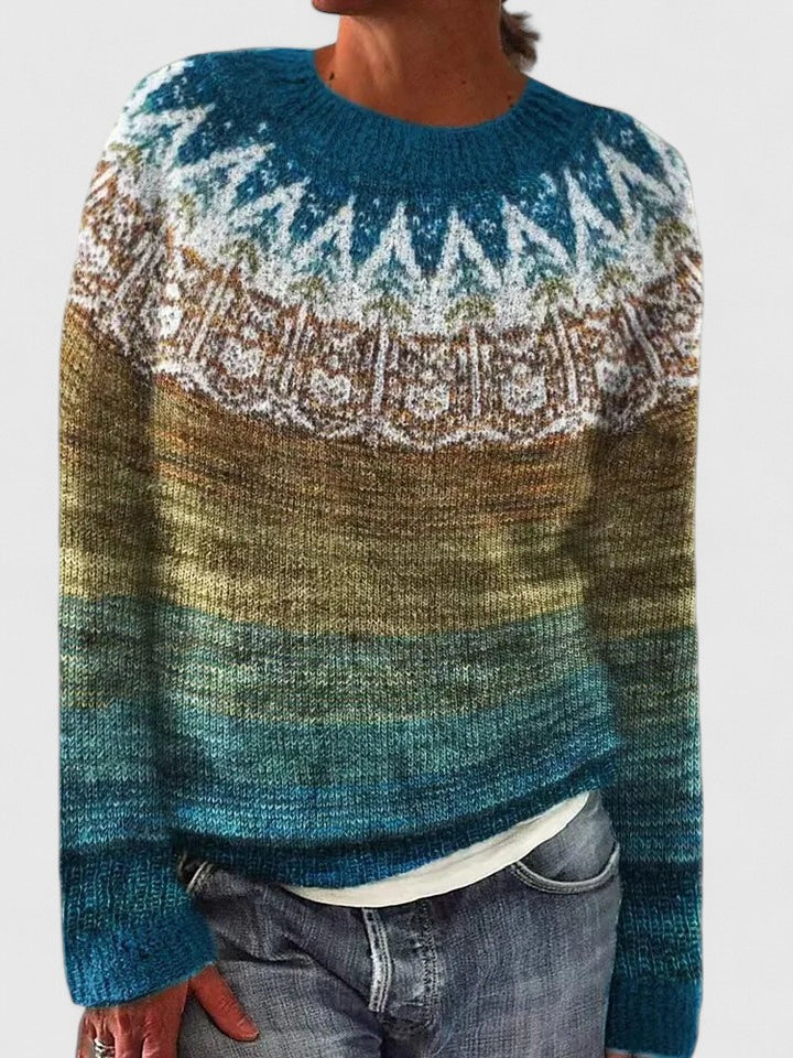 Fair Isle Crew Neck Long Sleeve Knit Sweater
