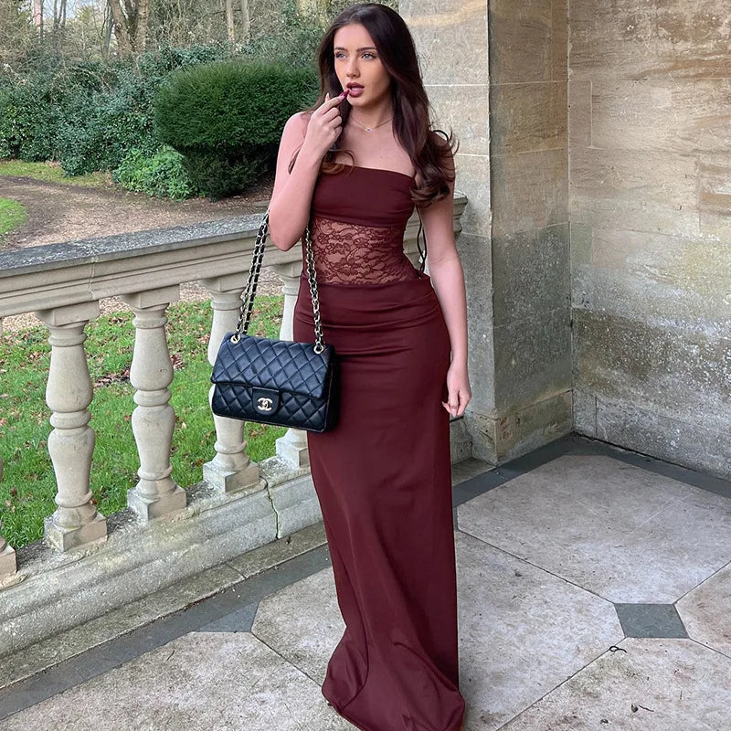 Spaghetti Strap Sheer Lace Waist Panel Bodycon Maxi Dress