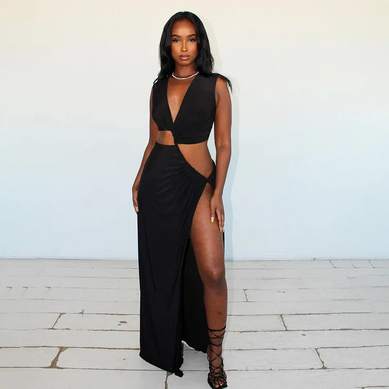 Deep V Cut Out Slit Asymmetrical Long Dress