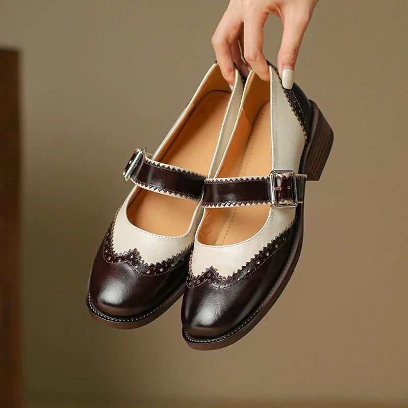 Contrast Brogue Buckle Mary Jane Block Heel Shoes