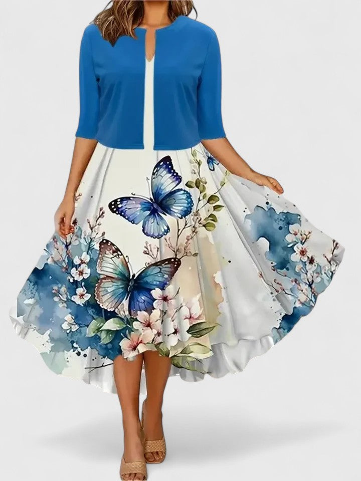 V-Neck Floral Print Fit and Flare Midi Dress