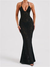 Sexy Women Lace Sexy Mesh See Through Summer Off Shoulder V-neck Halter Black Beach Female Vestidos