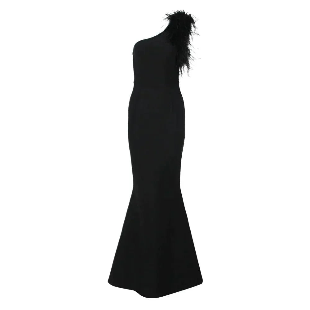 One Shoulder Feather Trim Bodycon Mermaid Maxi Gown 7