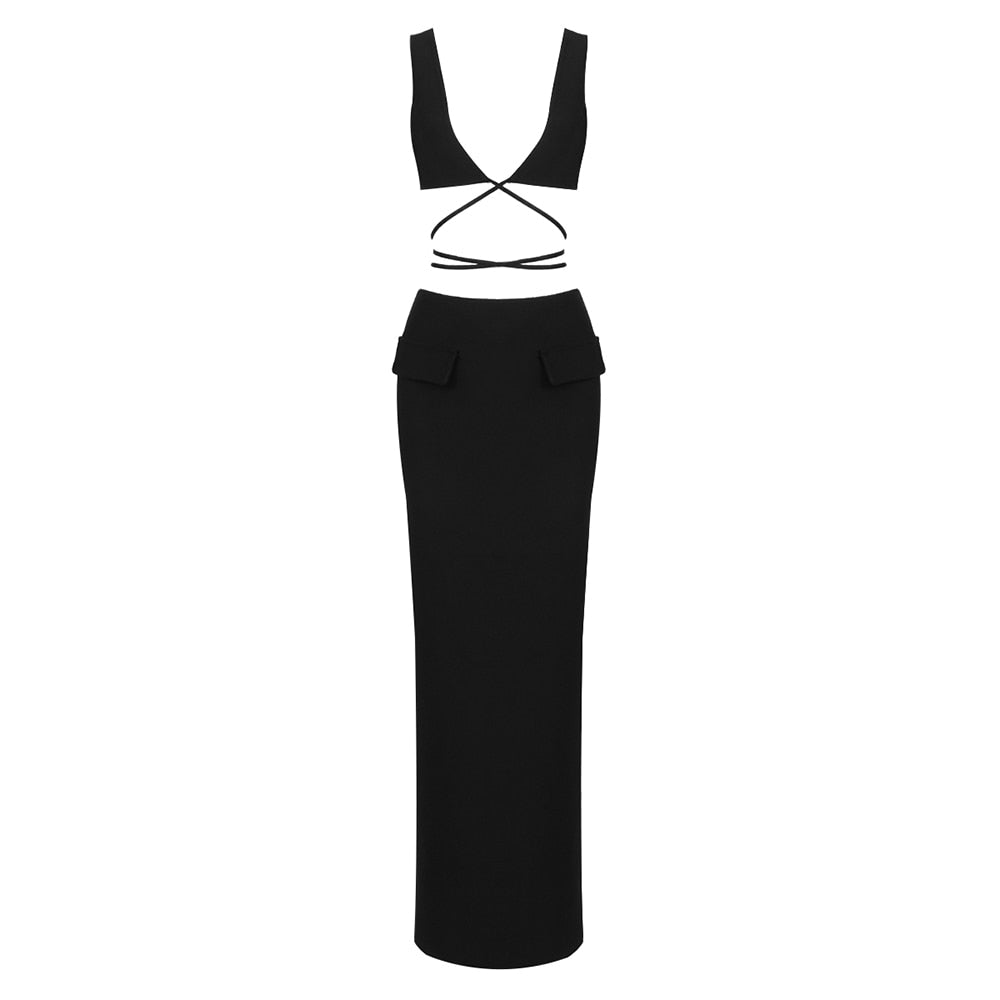 Deep V-Neck Wrap Tie Crop Top and Maxi Skirt Two Piece Set 21