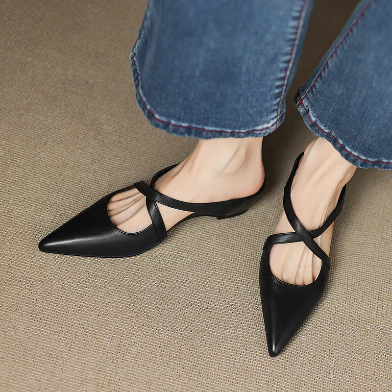 Pointed Toe Cross Strap Flat Mules
