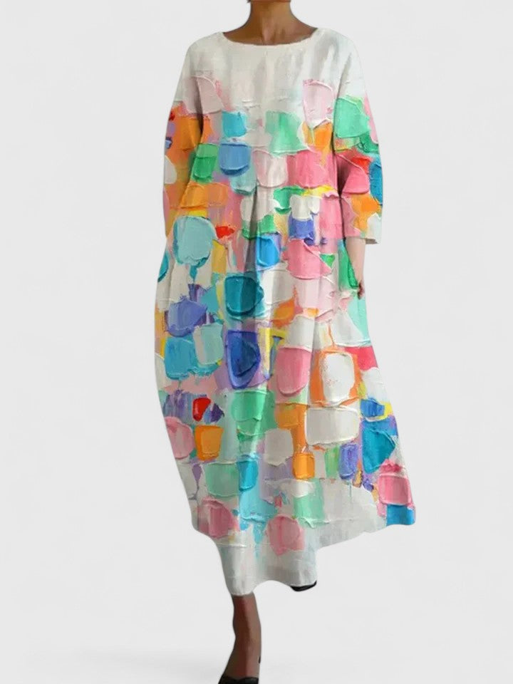 Floral Round Neck Pleated Pocket Maxi Dress