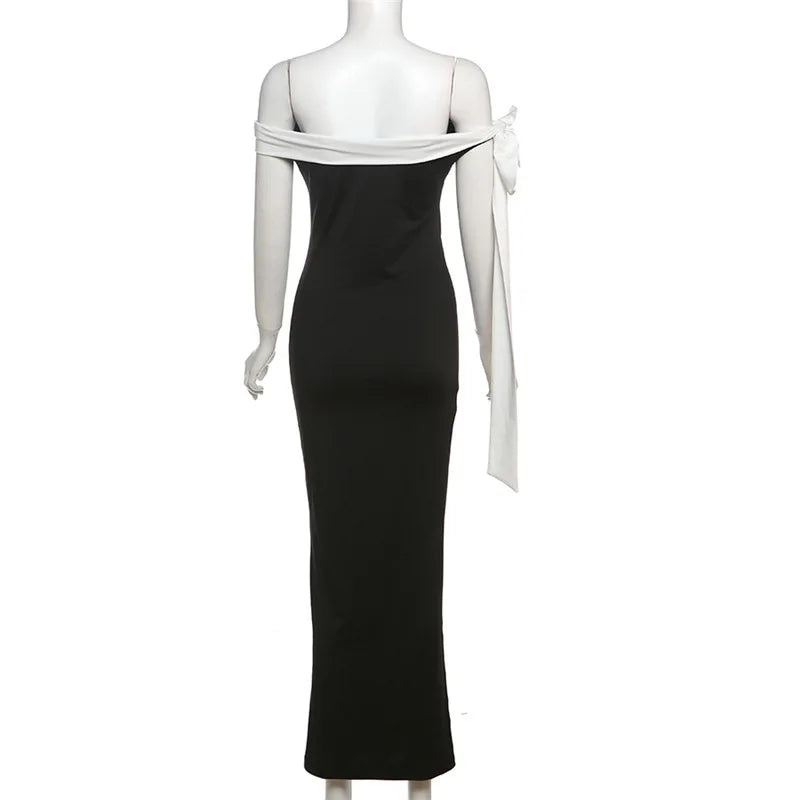 Contrast Trim Off Shoulder Bow Sash Bodycon Midi Dress 9