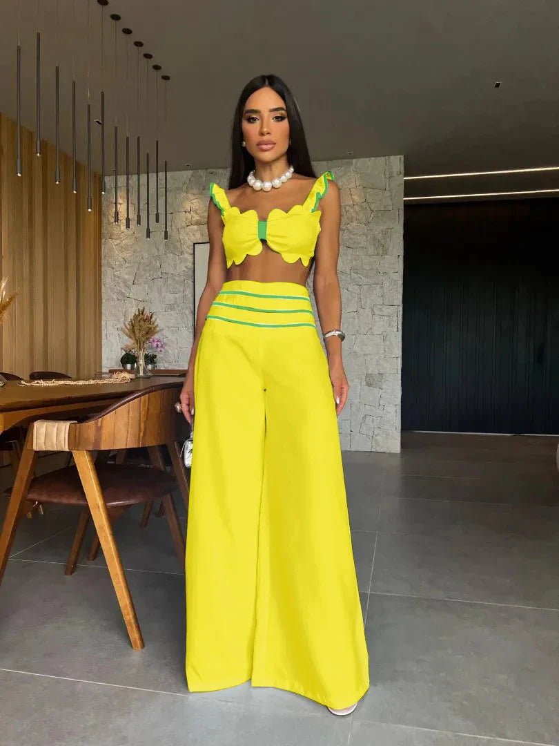 Deep V Square Collar Wide Leg Pants Set