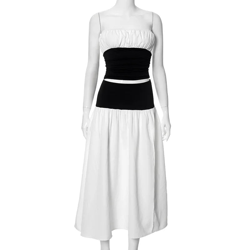 Black And White Patchwork Tube Trendy Top And Slit Long Skirt Set