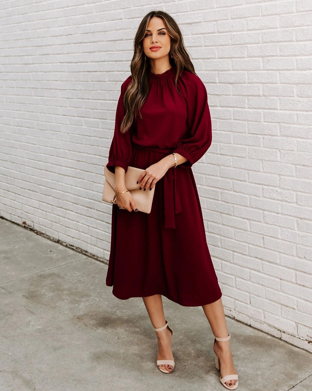 Mock Neck Long Sleeve Belted A-Line Midi Dress