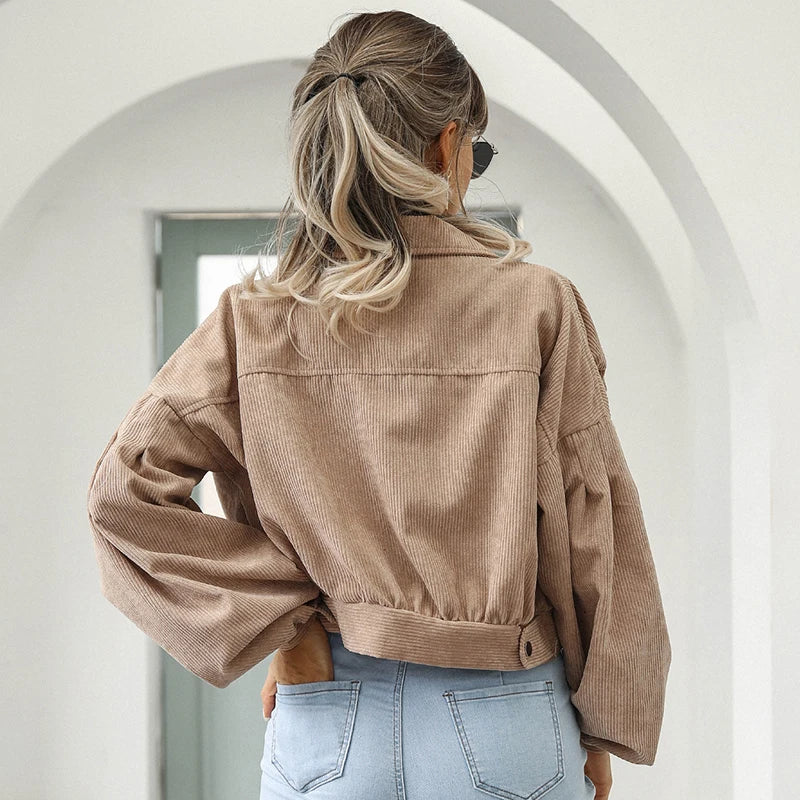 Cropped Corduroy Lantern Sleeve Jacket