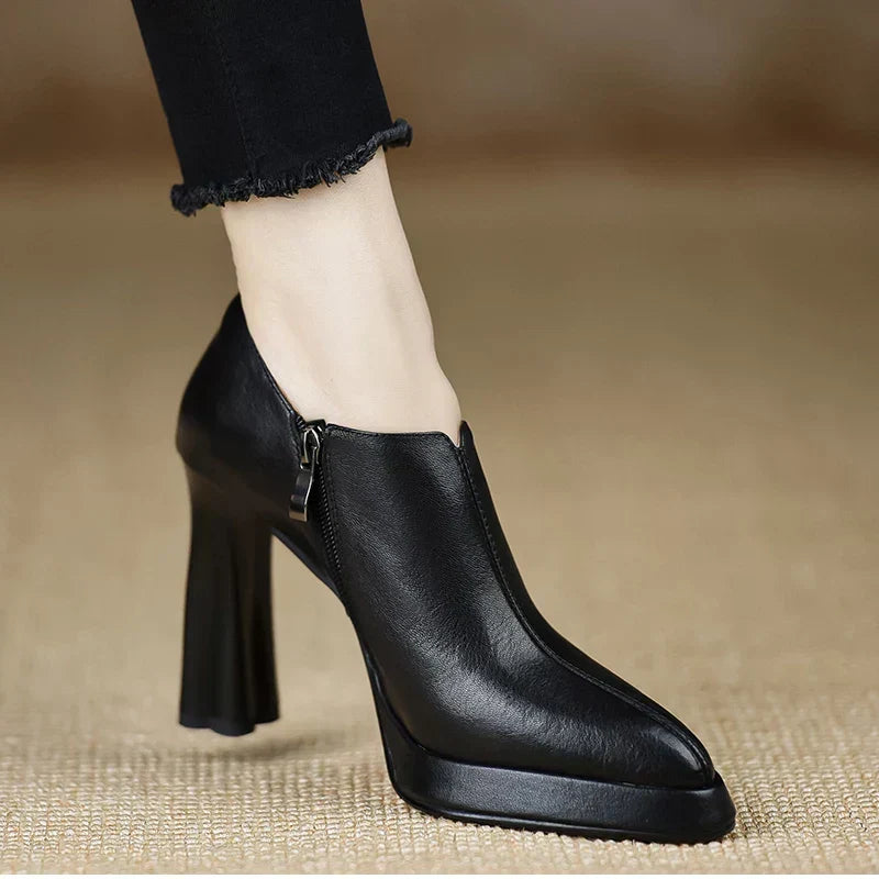 Pointed Toe Side Zip Block Heel Ankle Boots