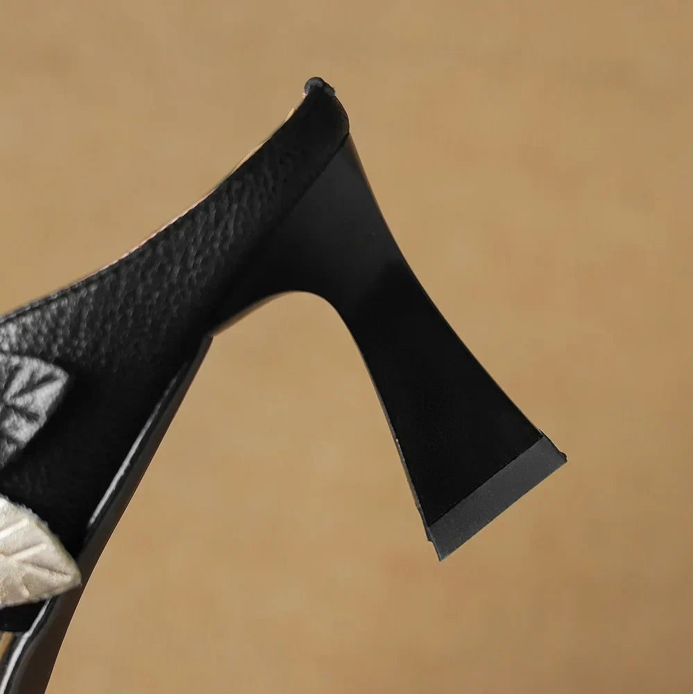 Pointed Toe Floral Buckle Spool Heel Mules