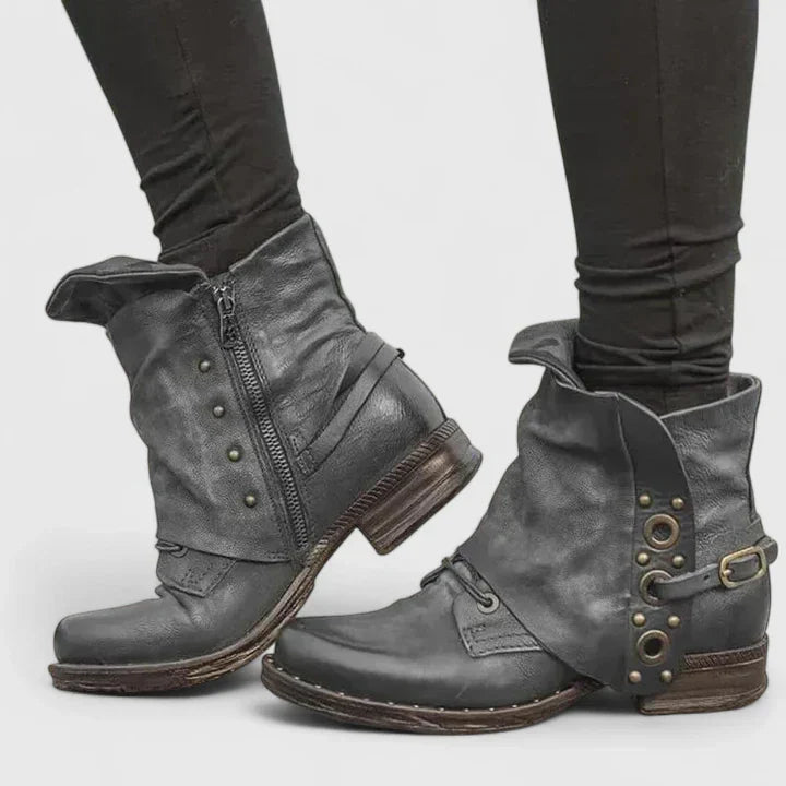 Distressed Buckle Strap Side Zip Ankle Boots