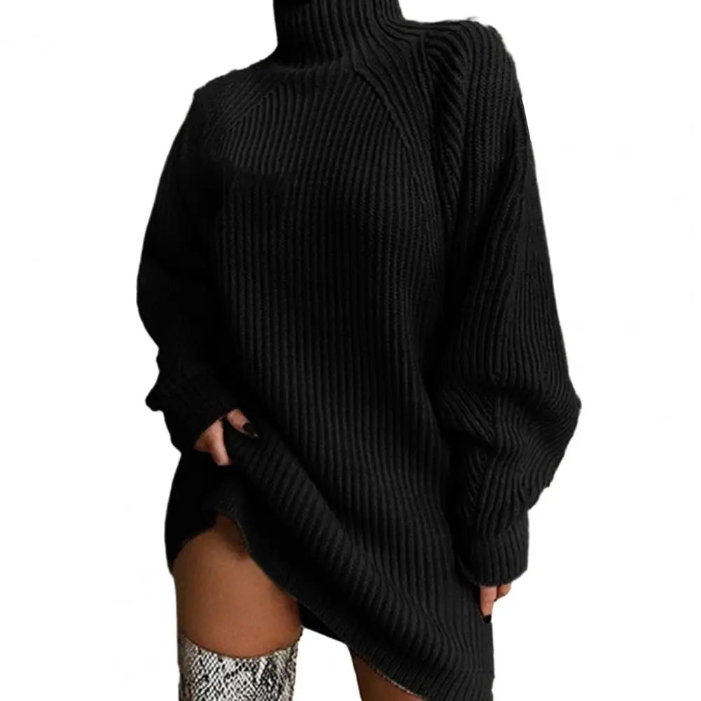 Turtleneck Long Sleeve Ribbed Sweater Dress