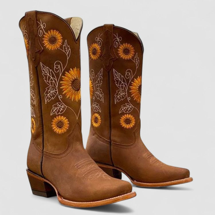 Sunflower Embroidered Square Toe Western Boots