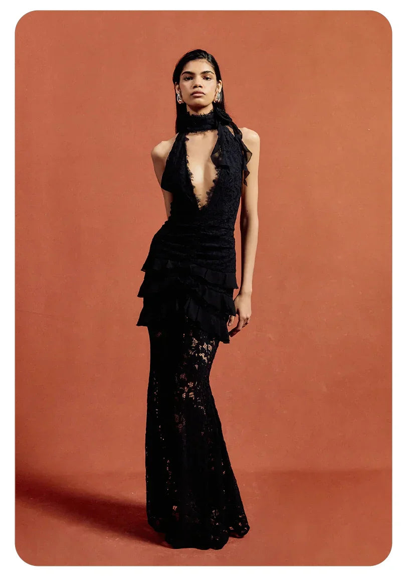 VESKA LACE MAXI DRESS Black