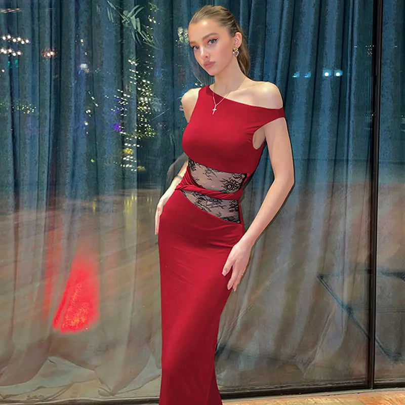 Asymmetric Neck Cap Sleeve Lace Waist Panel Bodycon Maxi Dress