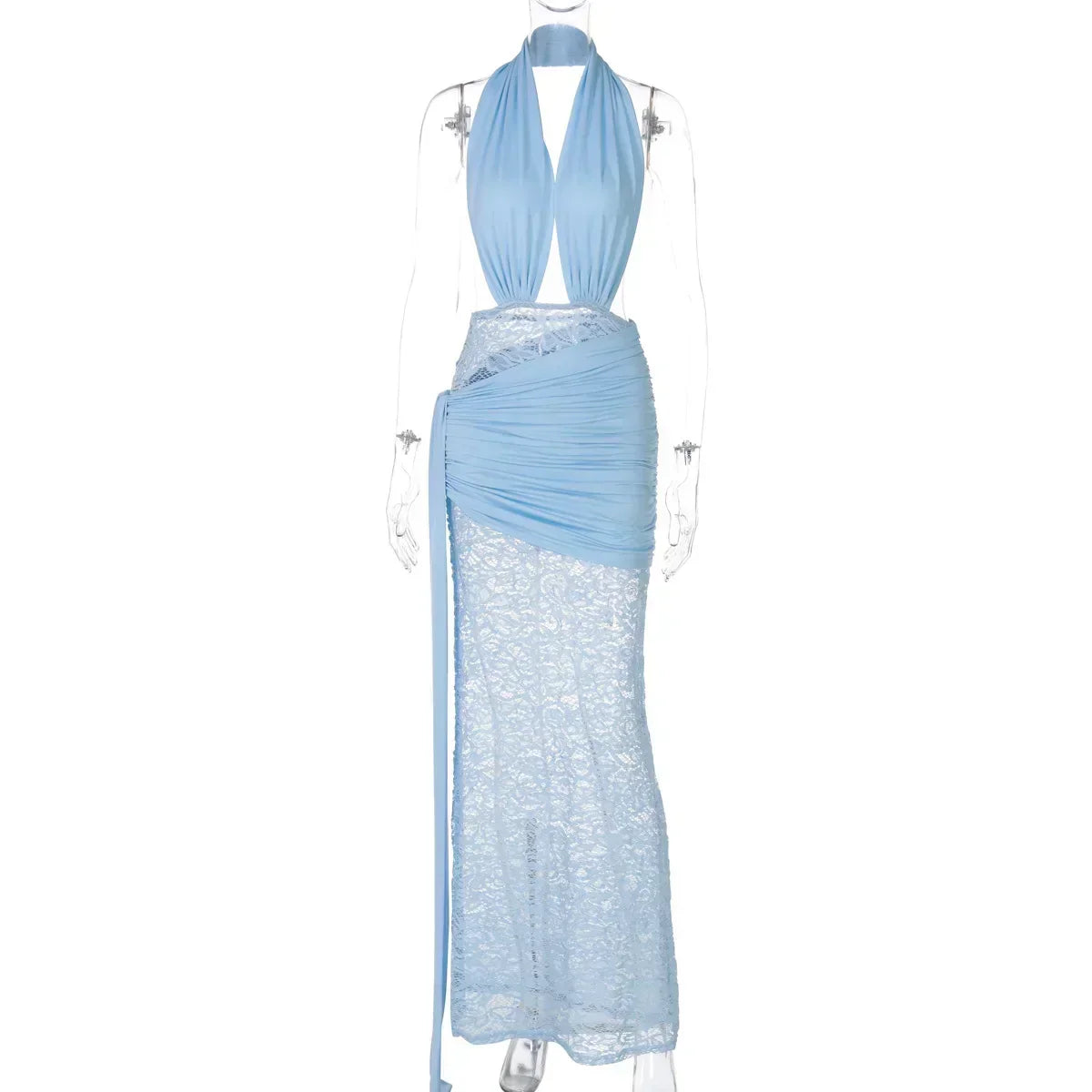 Halter Neck Deep V-Neck Draped Waist Lace Skirt Maxi Gown 24