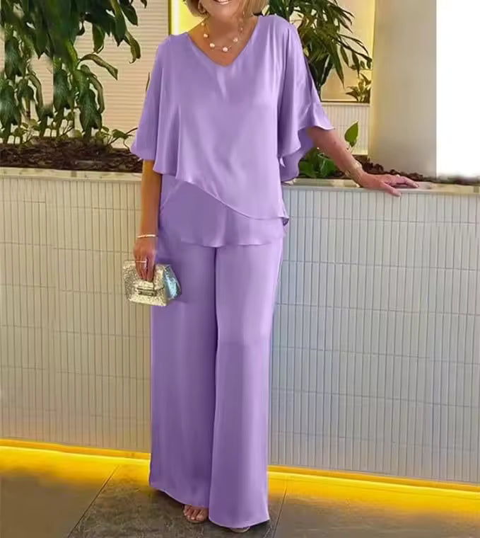 V-Neck Cape Overlay Top and Wide Leg Pants Two Piece Set