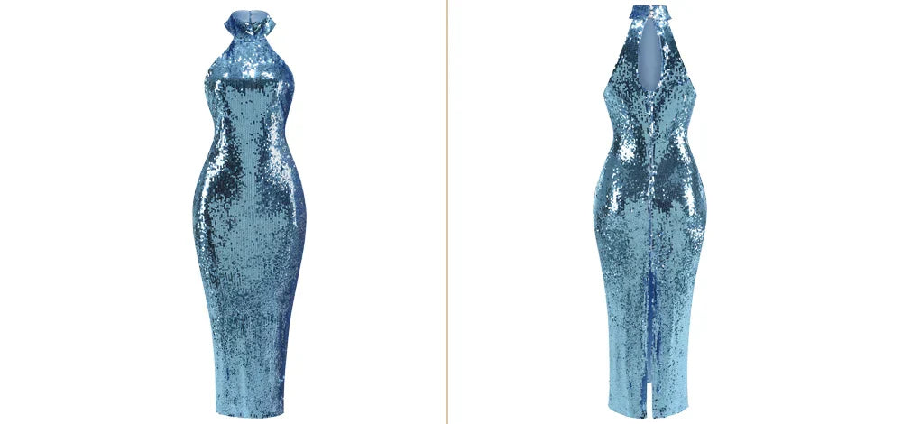 High neck bead wrapped hip skirt slit sequin dress