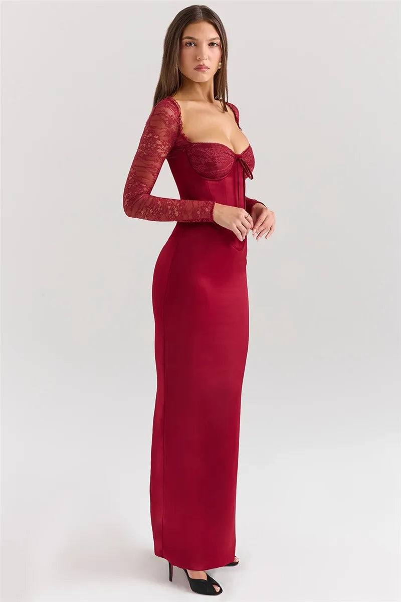 Square Collar Lace - Up Backless Long Sleeve Maxi Dress