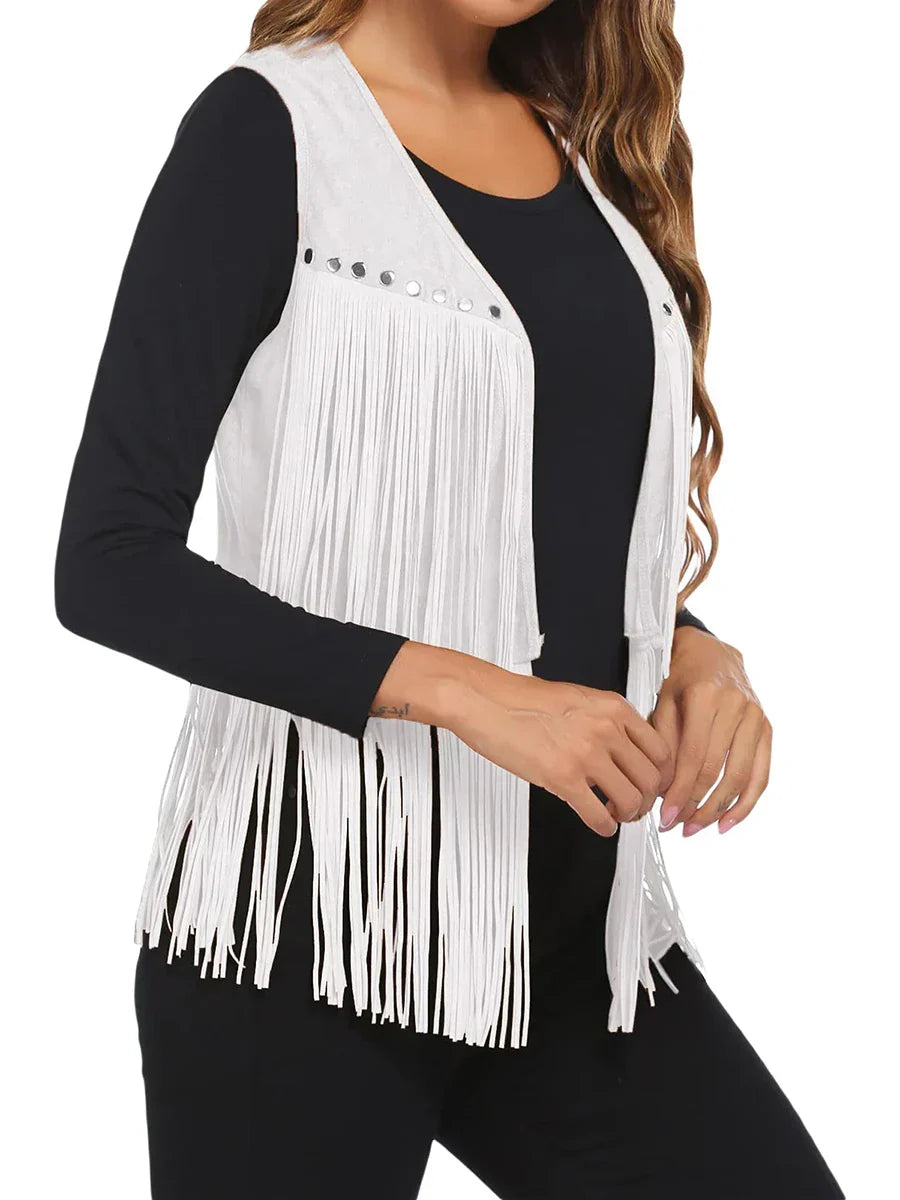Fringe Suede Look Open Front Vest