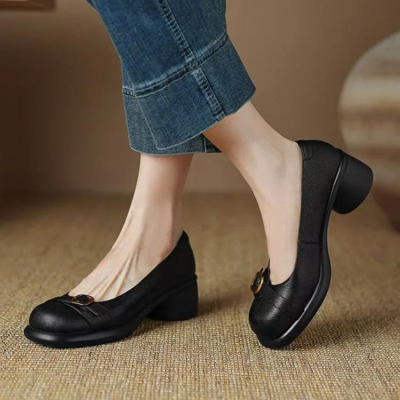 Leather Look Buckle Detail Slip On Block Heel Pumps