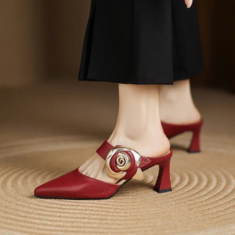 Pointed Toe Floral Buckle Spool Heel Mules