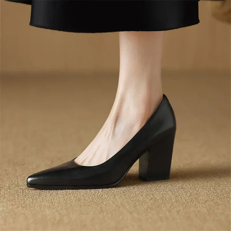 Pointed Toe Block Heel Slip On Leather Look Pumps