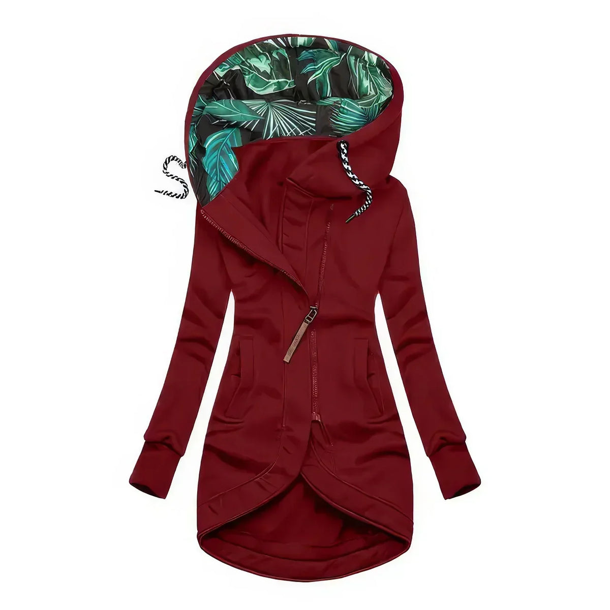 Hooded Zip Front Drawstring High Low Longline Jacket