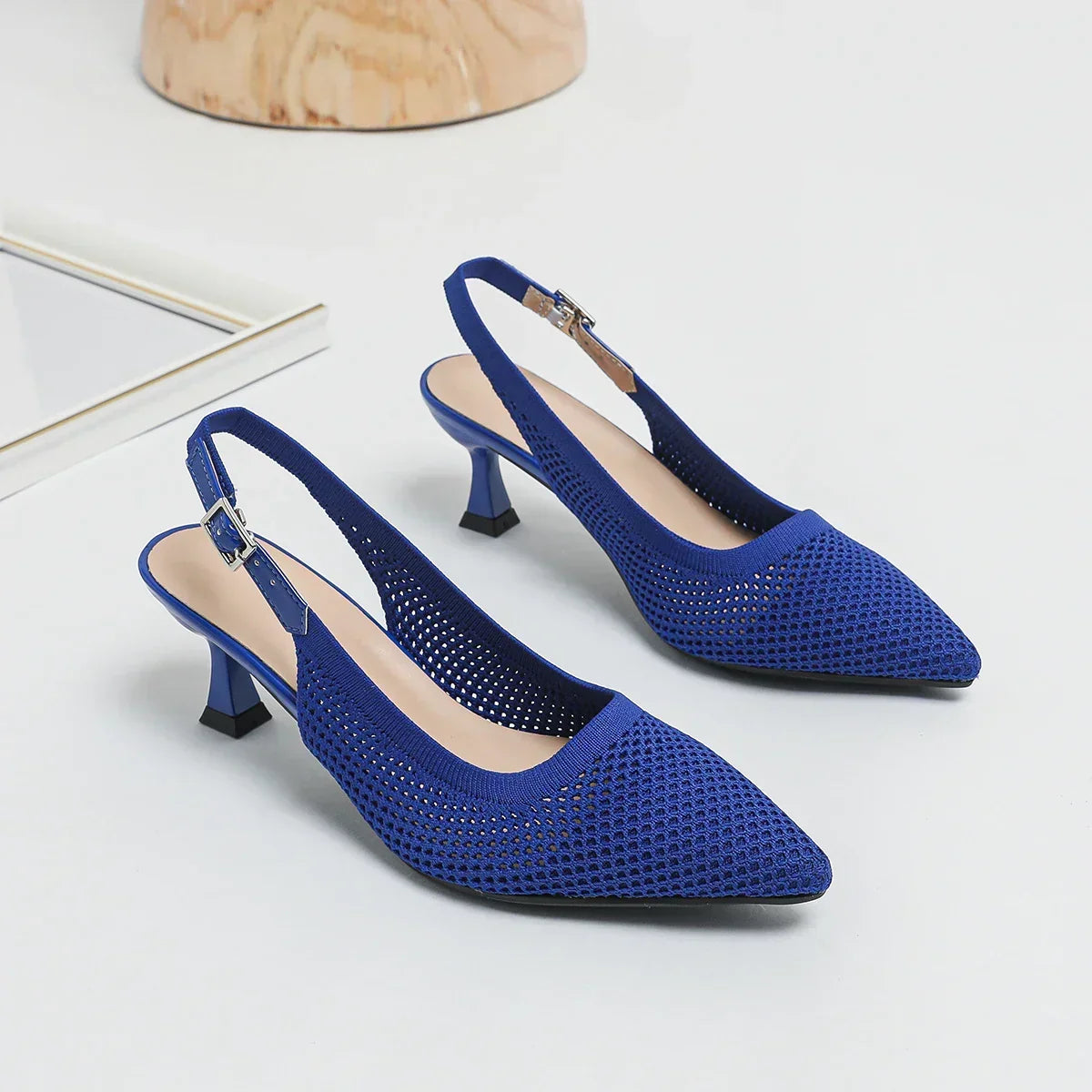 Pointed Toe Slingback Mesh Kitten Heel Pumps