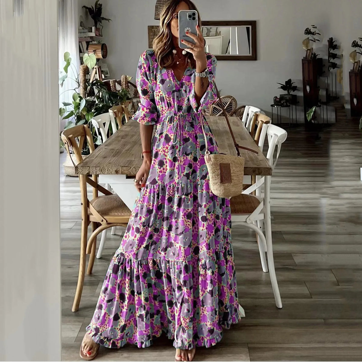 Printed V-Neck Ruffle Sleeve Drawstring Waist Tiered Maxi Dress 6