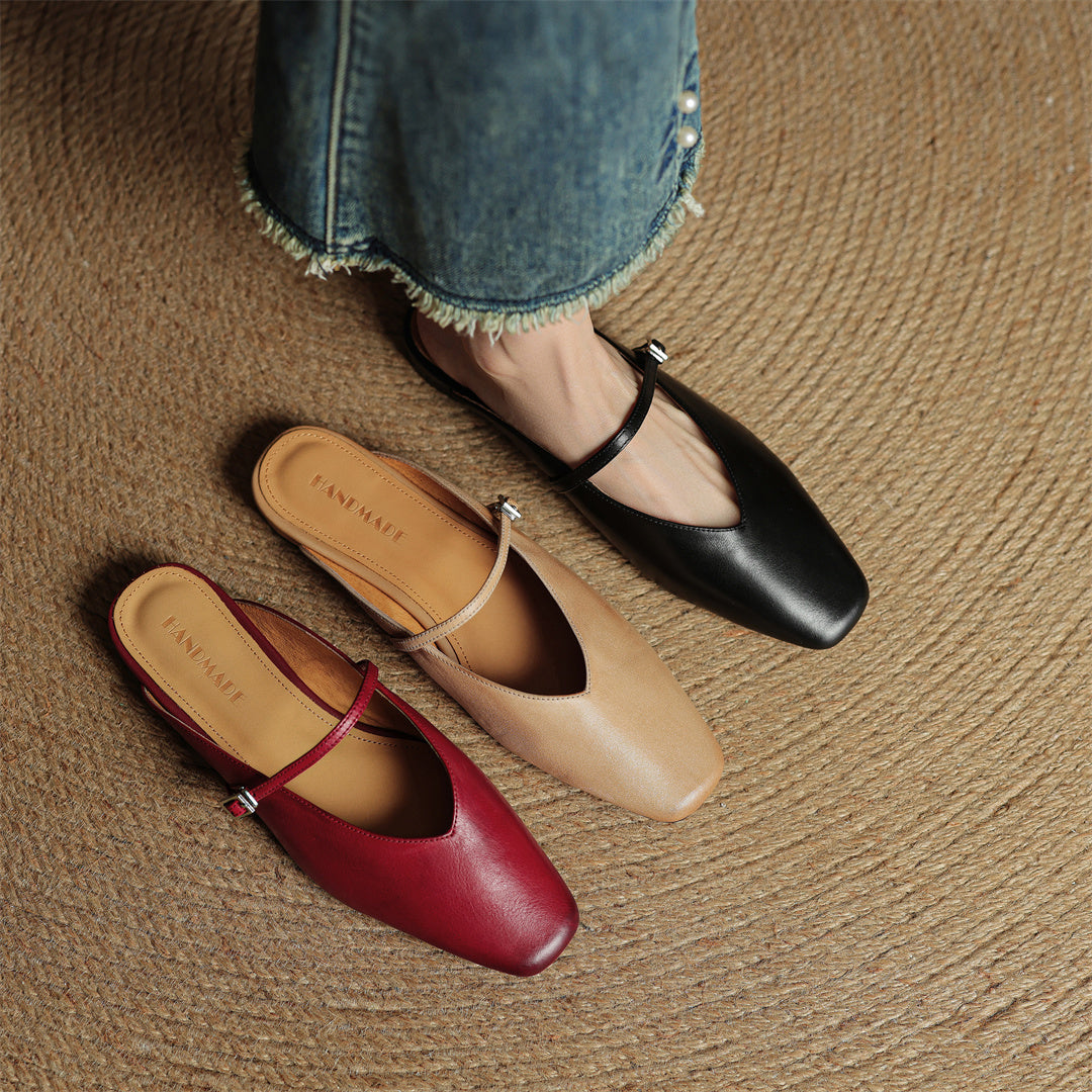 Square Toe Buckle Strap Flat Mules