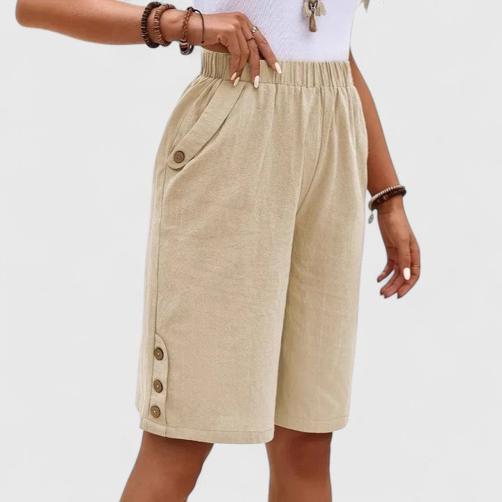 High Waist Side Button Knee Length Bermuda Shorts