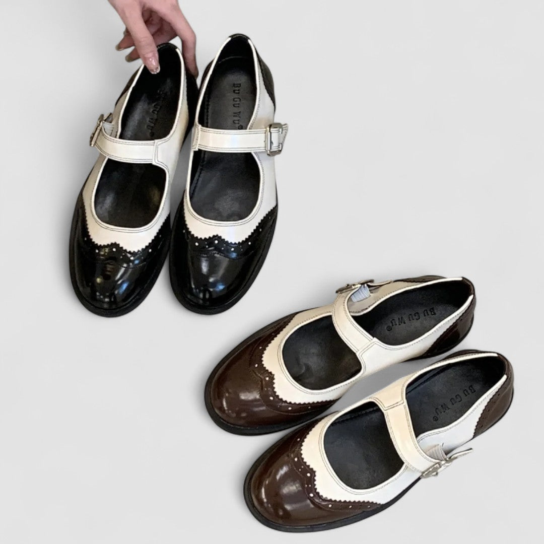 Round Toe Brogue Wingtip Buckle Strap Mary Jane Pumps