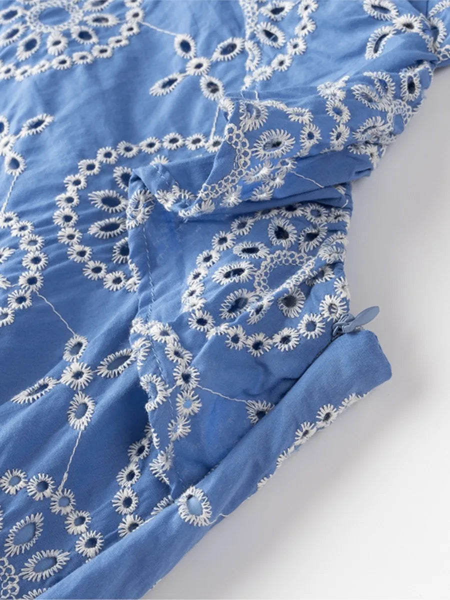 Blue Hollow Out Embroidered Midi Dress Women Summer V Neck Sleeveless Ruffle Long Dresses Elegant Fashion Holiday Vestidos