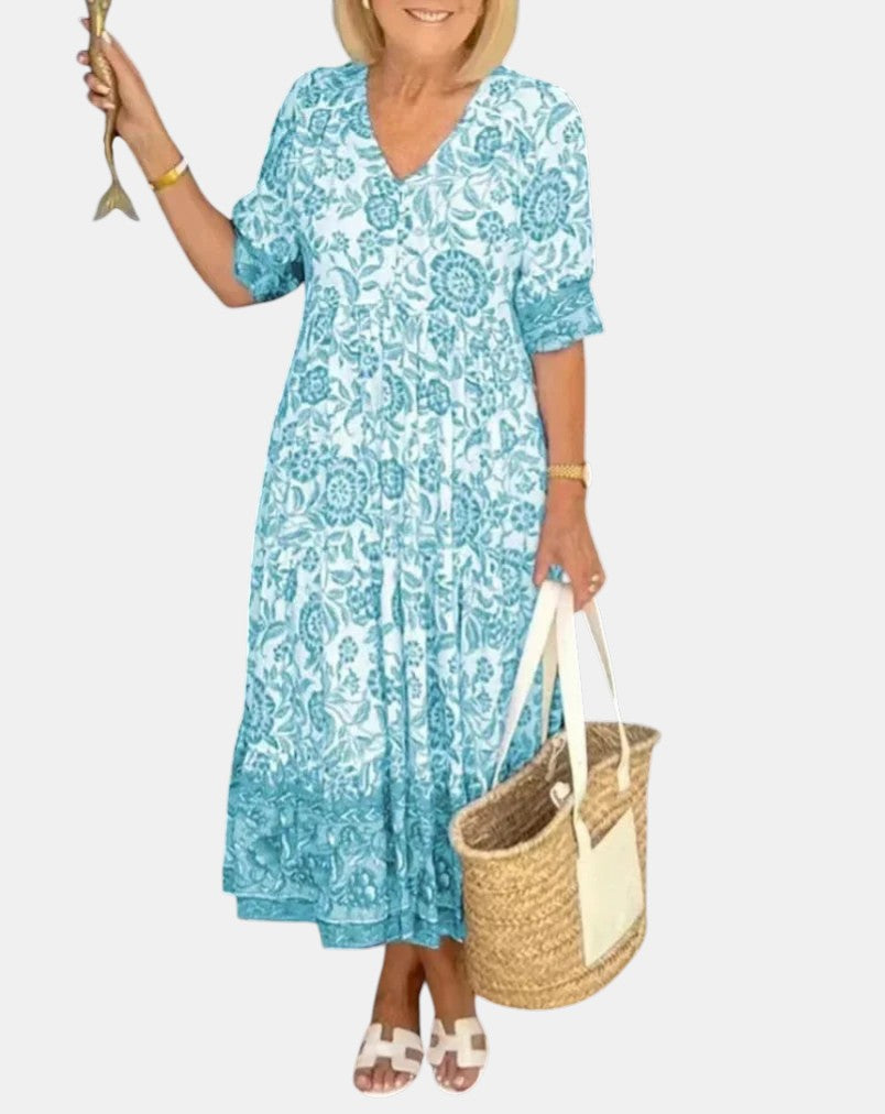 V-Neck Short Sleeve Floral Print Tiered Maxi Dress