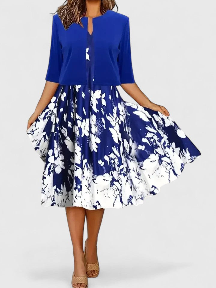 V-Neck Floral Print Fit and Flare Midi Dress