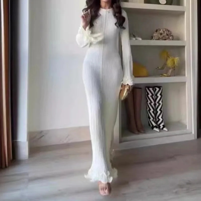 Ribbed Knit Crew Neck Long Sleeve Fluted Cuff Ruffle Hem Maxi Dress