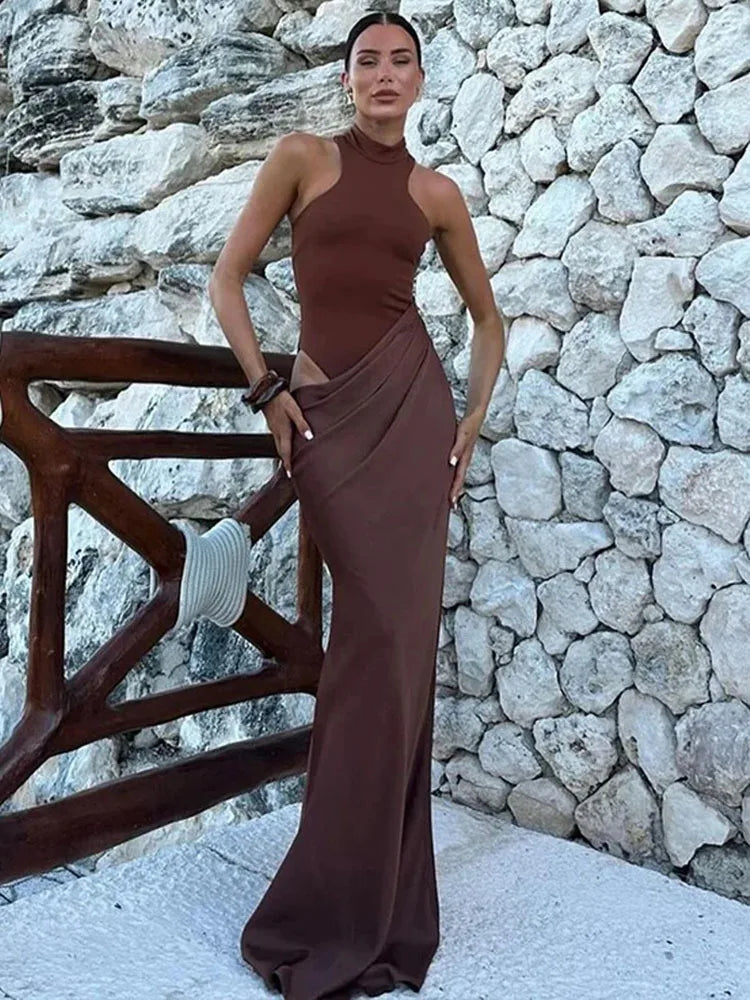 SOLENIE SATIN MAXI DRESS Coffee