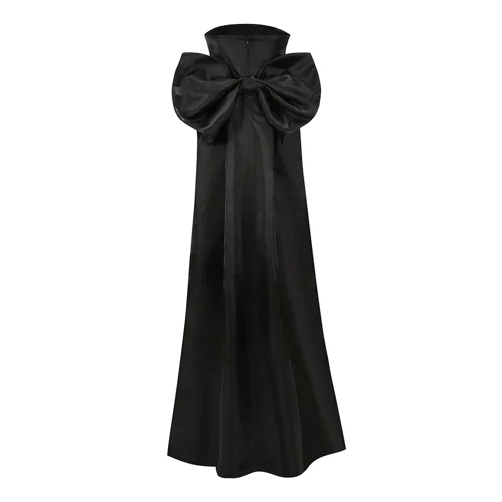 Strapless Satin Ruched Oversized Back Bow Train Mini Dress 14