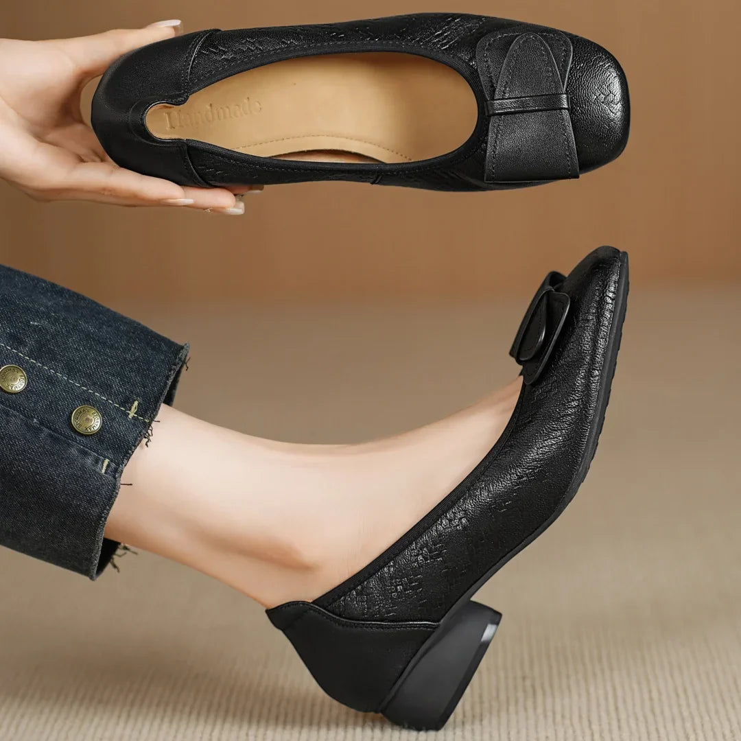 Textured Buckle Detail Low Block Heel Ballet Flats