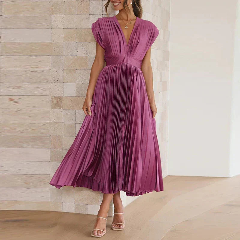 Deep V-Neck Cap Sleeve Pleated Flared Midi Dress