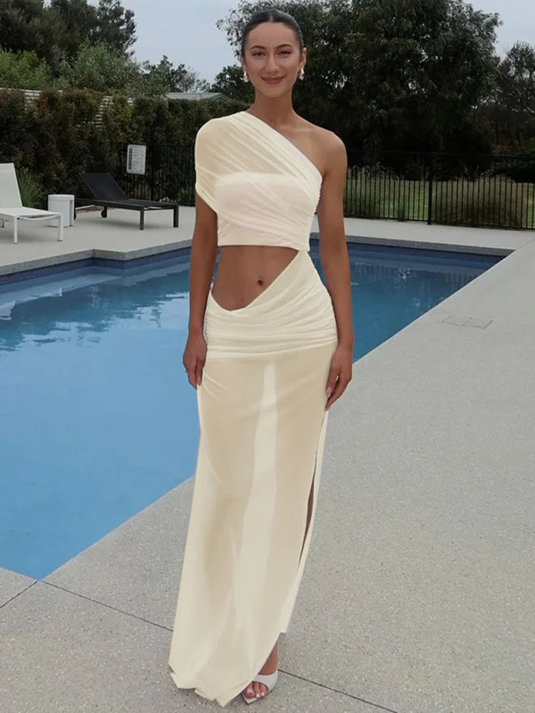 One Shoulder Ruched Mesh Cut Out High Split Maxi Dress 25