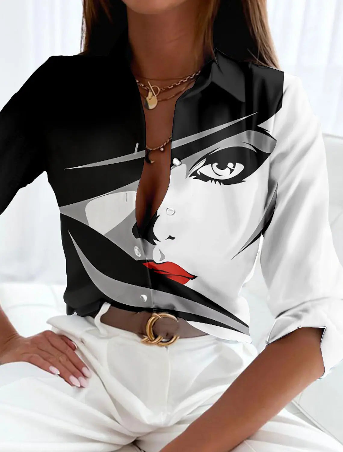 Geometric Colorblock Long Sleeve Button Front Blouse