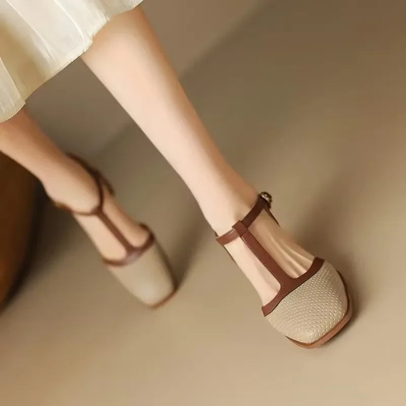 Perforated Square Toe T-Strap Block Heel Pumps