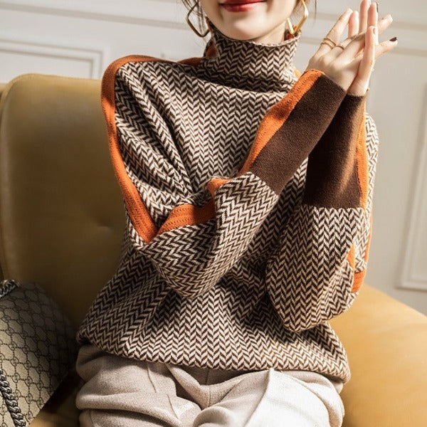 Turtleneck Long Sleeve Herringbone Knit Sweater