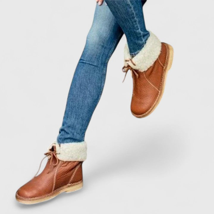 Fleece Cuff Lace Up Leather Ankle Boots
