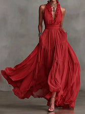 Halter Neck Deep V-Neck Ruffle Chiffon Maxi Dress 3